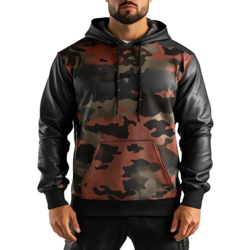 Men's Casual Fashionable Stitching Camouflage Leather Hoodie 28803169K sold by Manly