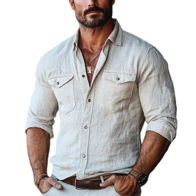 Men's Casual Slim Fit Multi-pocket Cotton And Linen Long-sleeved Shirt 32400766K sold by Manly