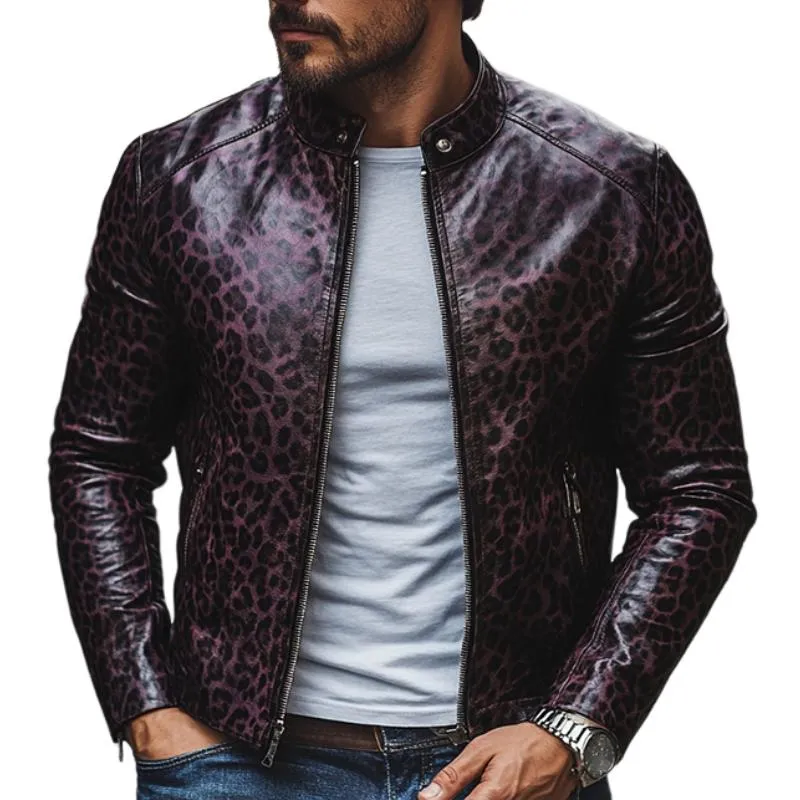 Men's Fashion Leopard Print Stand Collar Zipper Slim Fit Leather Jacket 32750677M sold by Manly