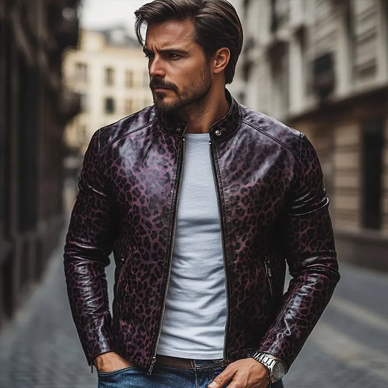 Men's Fashion Leopard Print Stand Collar Zipper Slim Fit Leather Jacket 32750677M sold by Manly product image thumbnail 3
