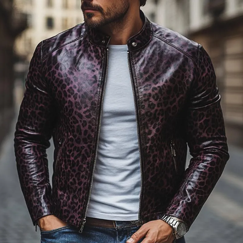 Men's Fashion Leopard Print Stand Collar Zipper Slim Fit Leather Jacket 32750677M sold by Manly product image thumbnail 2