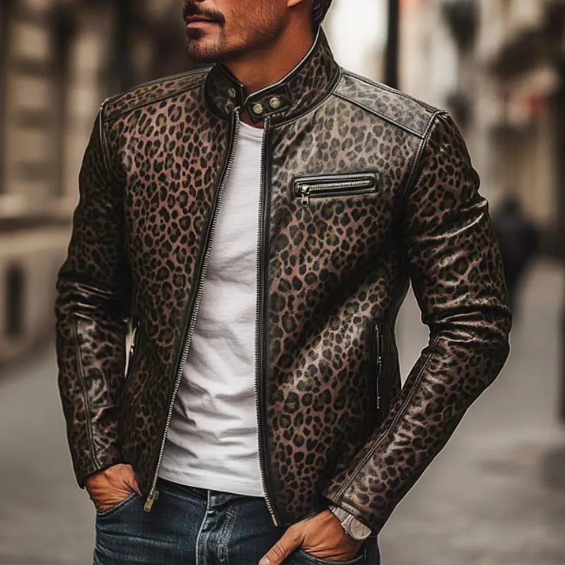 Men's Fashion Leopard Print Stand Collar Zipper Slim Fit Leather Jacket 82955739M sold by Manly product image thumbnail 2