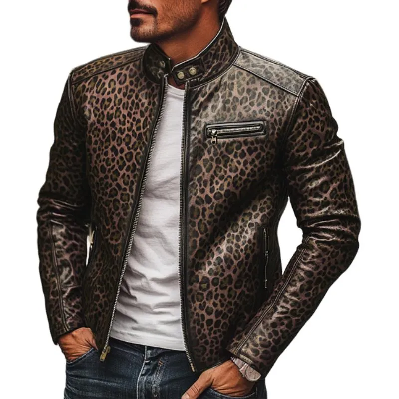 Men's Fashion Leopard Print Stand Collar Zipper Slim Fit Leather Jacket 82955739M sold by Manly