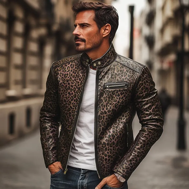 Men's Fashion Leopard Print Stand Collar Zipper Slim Fit Leather Jacket 82955739M sold by Manly product image thumbnail 3