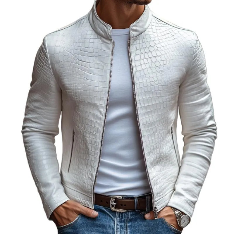 【24-hour shipping out】Men's Fashion Stone Pattern Stand Collar Zipper Slim Fit Leather Jacket 45773252M sold by Manly