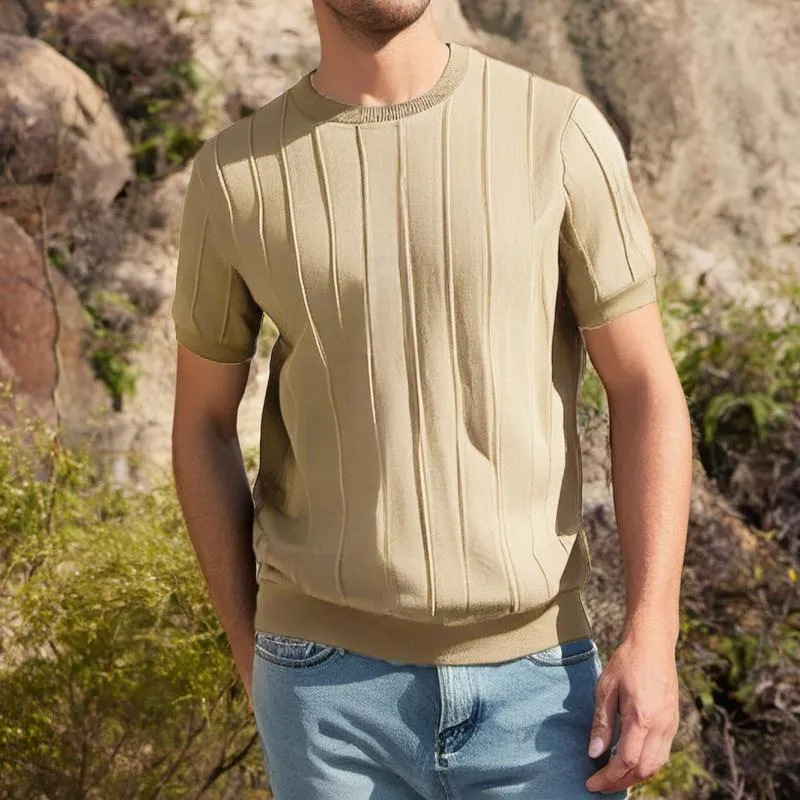 Men's Solid Color Striped Round Neck Short Sleeve Knit T-shirt 40420636Z sold by Manly product image thumbnail 4