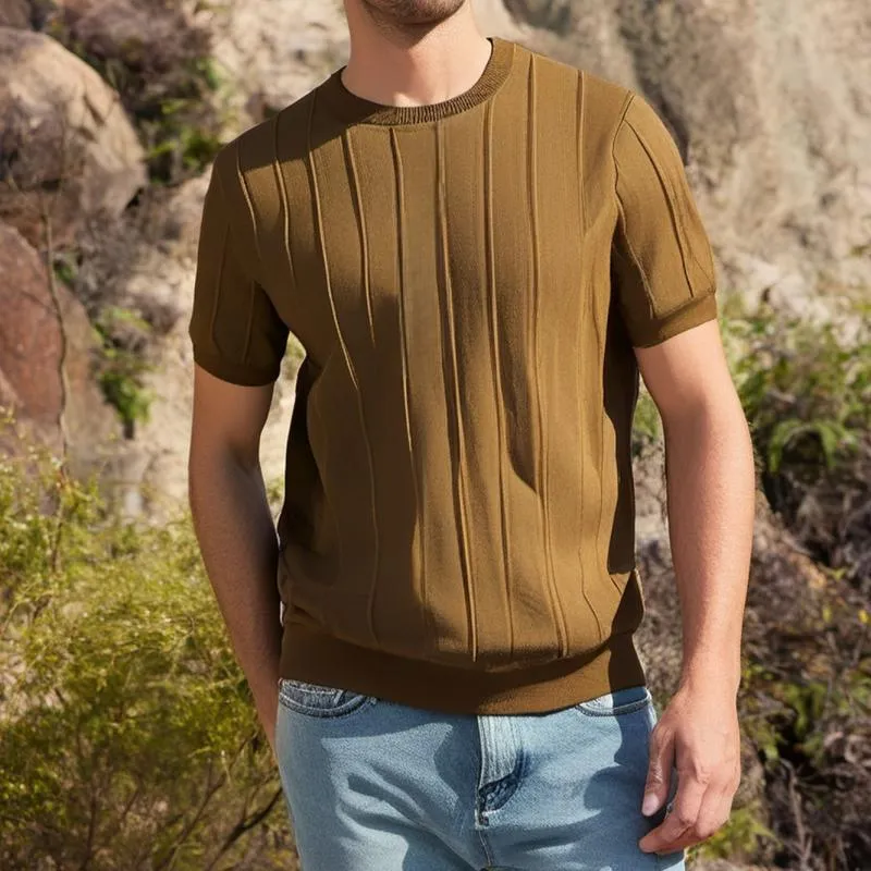 Men's Solid Color Striped Round Neck Short Sleeve Knit T-shirt 40420636Z sold by Manly product image thumbnail 3