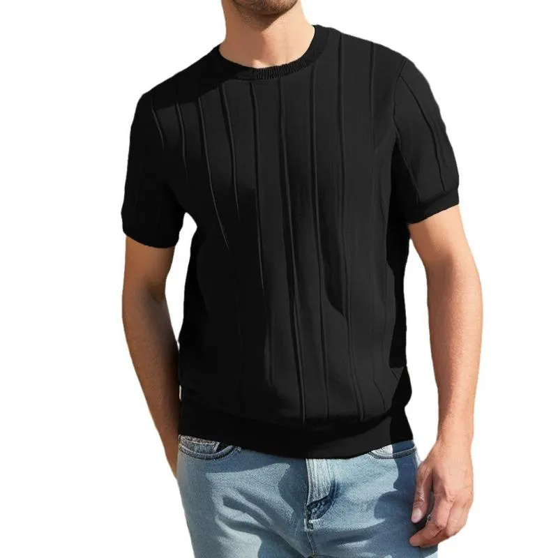 Men's Solid Color Striped Round Neck Short Sleeve Knit T-shirt 40420636Z sold by Manly