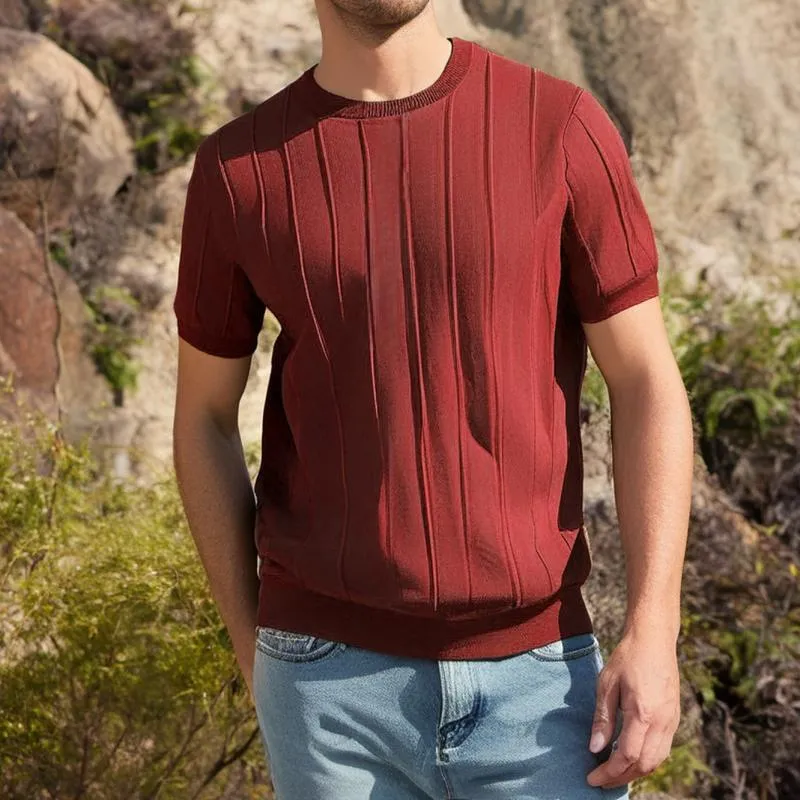 Men's Solid Color Striped Round Neck Short Sleeve Knit T-shirt 40420636Z sold by Manly product image thumbnail 5
