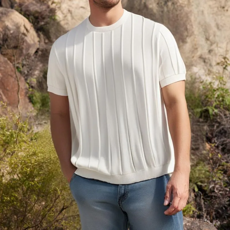 Men's Solid Color Striped Round Neck Short Sleeve Knit T-shirt 40420636Z sold by Manly product image thumbnail 2