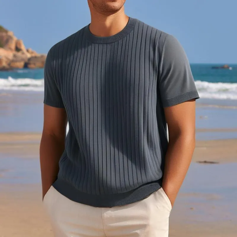 Men's Solid Color Striped Round Neck Short Sleeve Knit T-shirt 09033199Z sold by Manly product image thumbnail 5