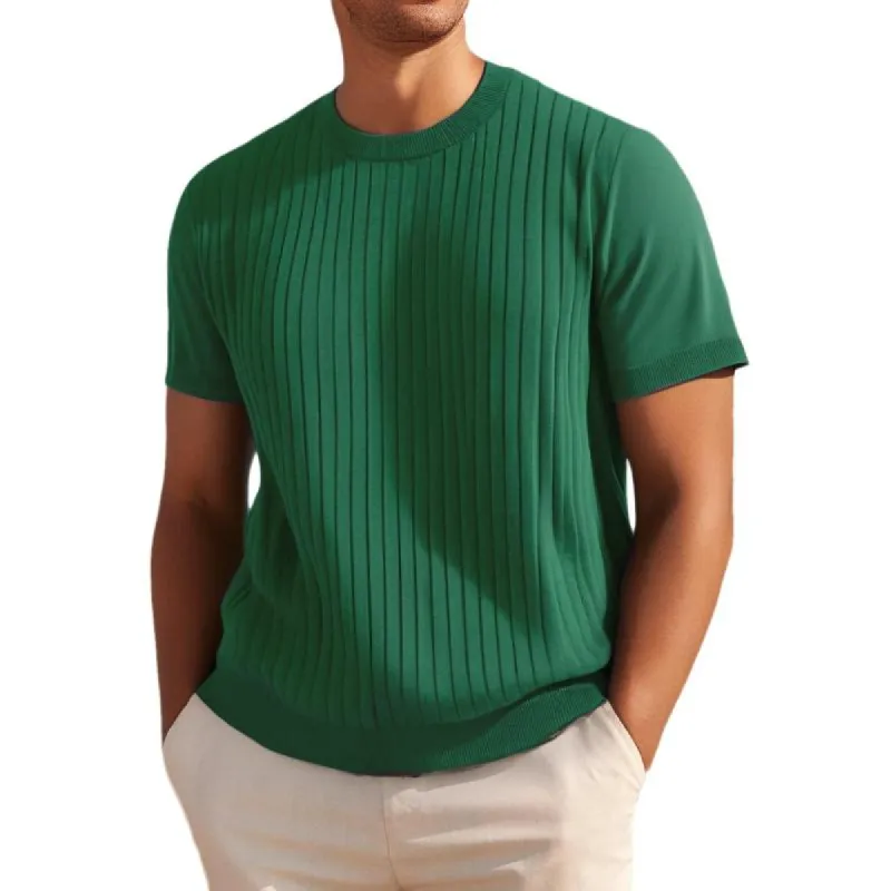 Men's Solid Color Striped Round Neck Short Sleeve Knit T-shirt 09033199Z sold by Manly