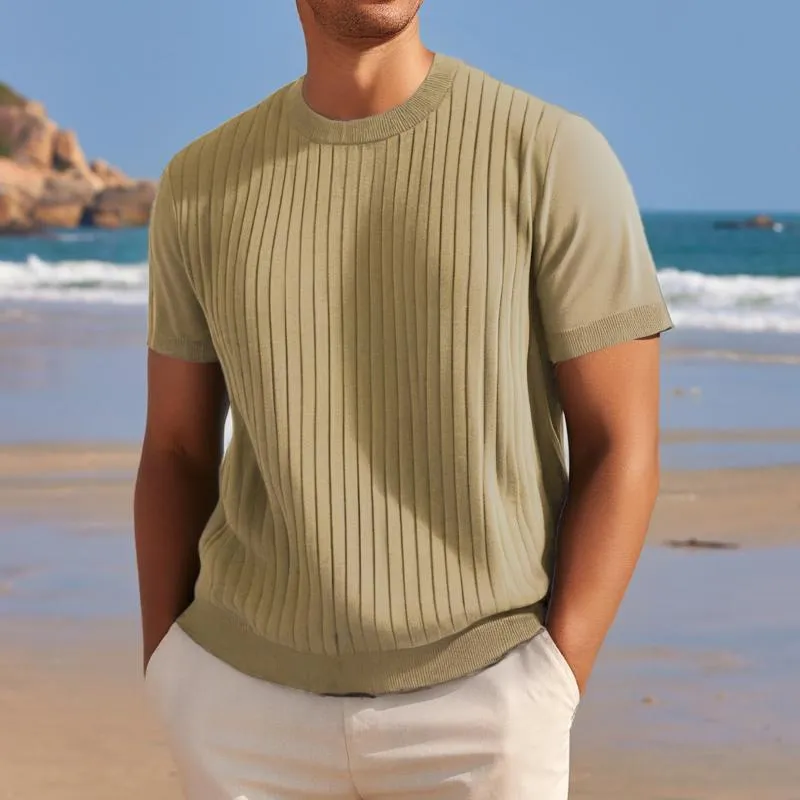 Men's Solid Color Striped Round Neck Short Sleeve Knit T-shirt 09033199Z sold by Manly product image thumbnail 2