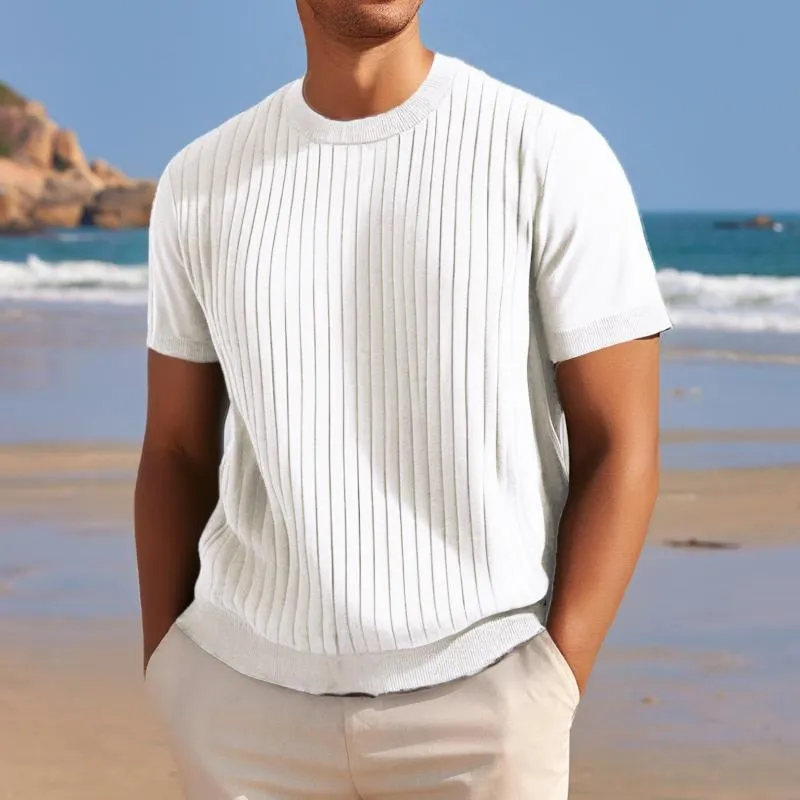 Men's Solid Color Striped Round Neck Short Sleeve Knit T-shirt 09033199Z sold by Manly product image thumbnail 4