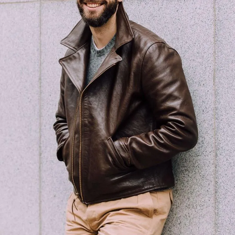 Men's Vintage Solid Color Lapel Zipper Short Leather Jacket 19322734Y sold by Manly product image thumbnail 2