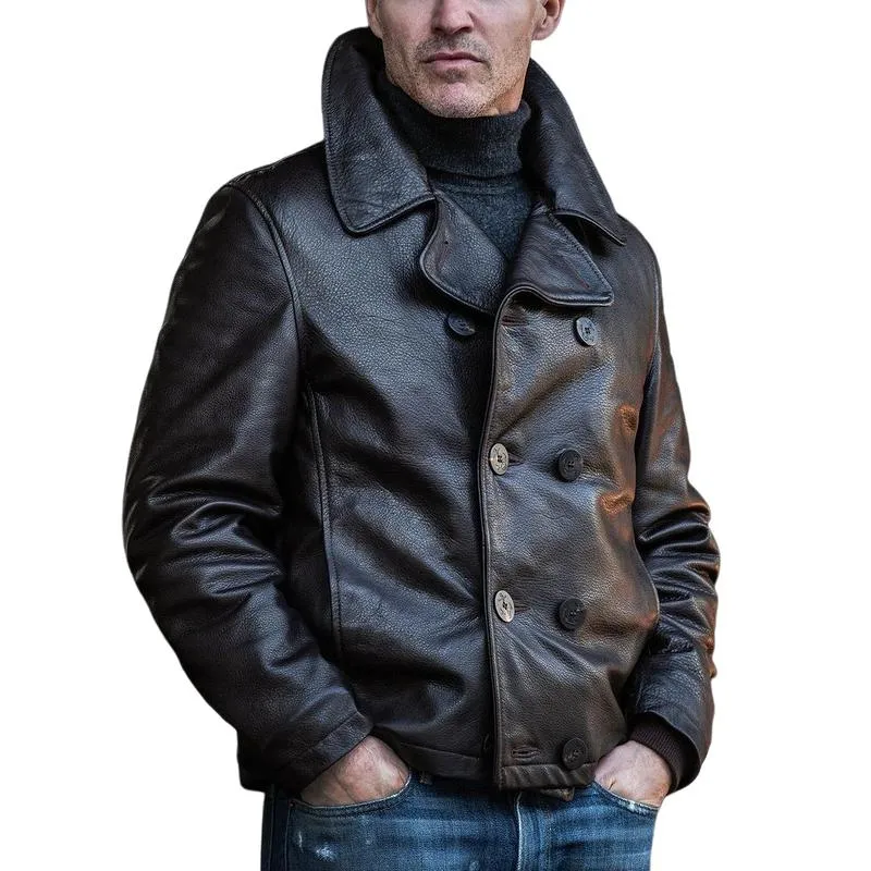 Men's Vintage Solid Color Lapel Double Breasted Short Leather Jacket 23262286Y sold by Manly