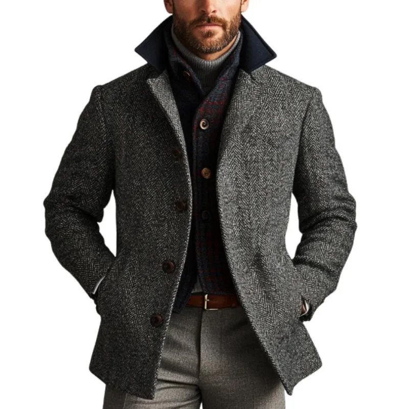 Men's Retro Herringbone Patchwork Woolen Single-Breasted Short Coat 27852187Y sold by Manly