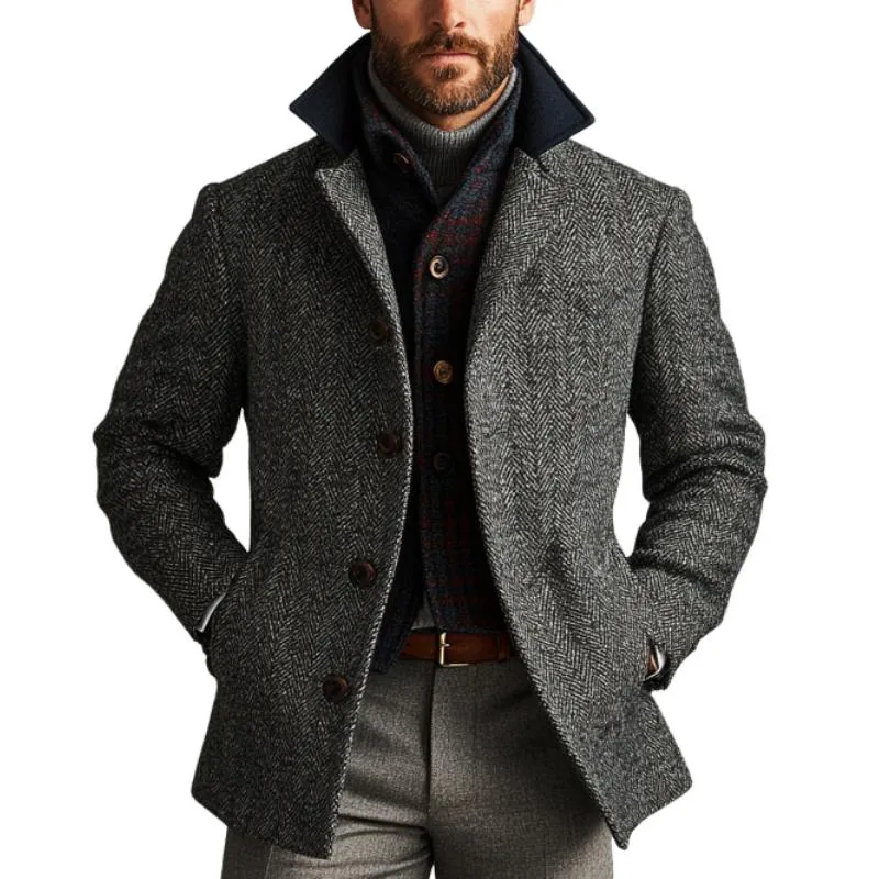 Men's Retro Herringbone Patchwork Woolen Single-Breasted Short Coat 27852187Y sold by Manly
