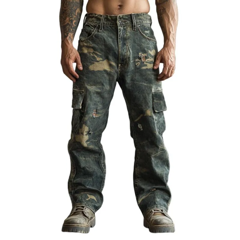 Men's Vintage Camouflage Print Ripped Cargo Jeans 75634413Y sold by Manly
