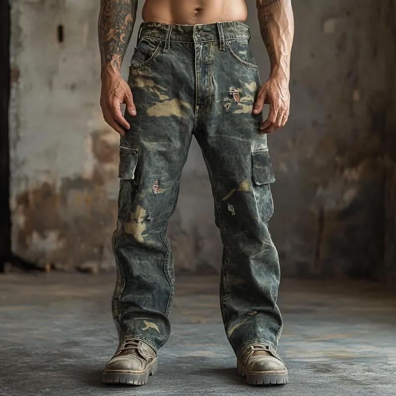 Men's Vintage Camouflage Print Ripped Cargo Jeans 75634413Y sold by Manly product image thumbnail 3