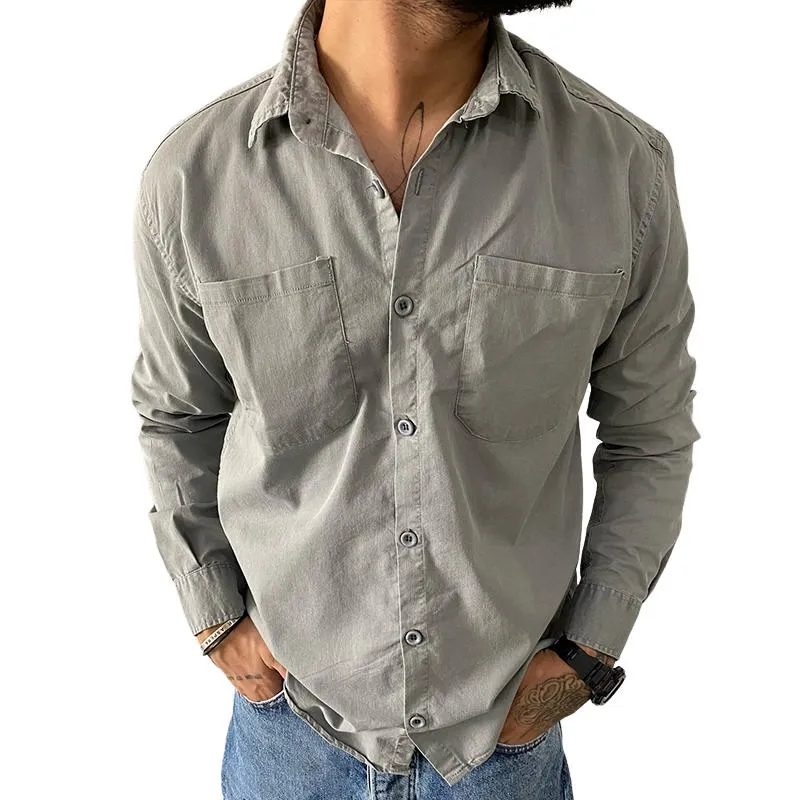 Men's Solid Color Cotton Lapel Long Sleeve Casual Shirt 97809703Z sold by Manly