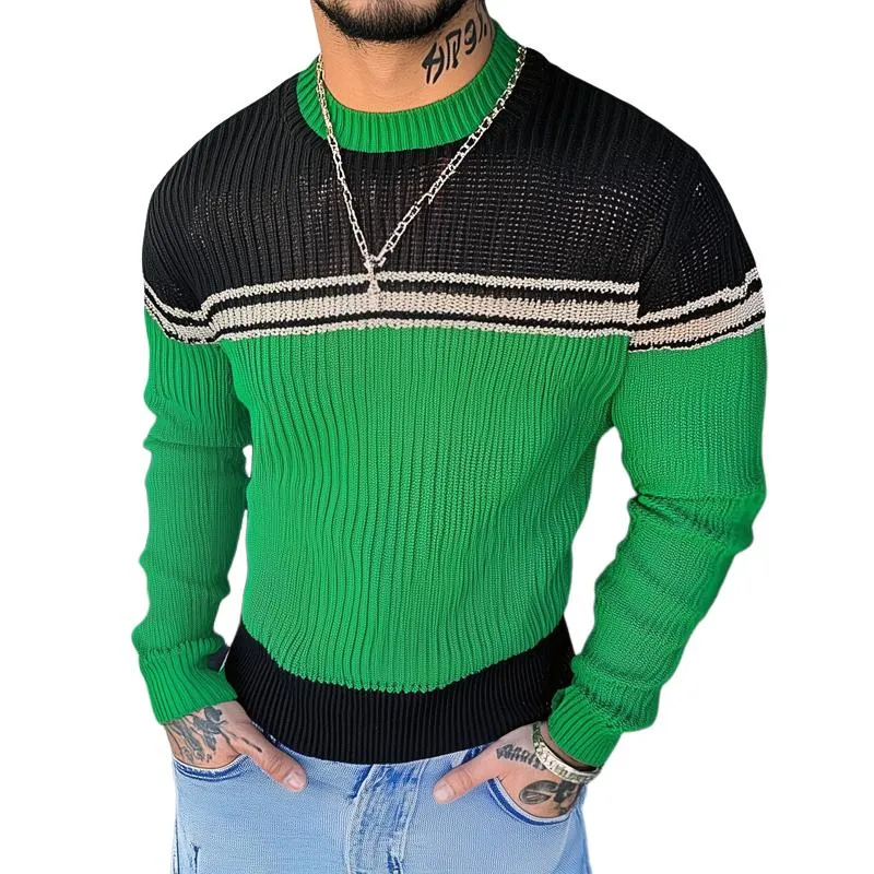 Men's Colorblock Round Neck Long Sleeve Casual Knit Sweater 10893027Z sold by Manly