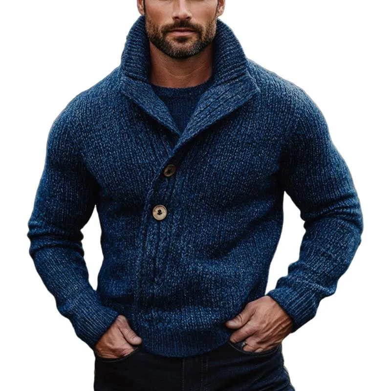 Men's Dark Blue Stand Collar Knitted Cardigan 21615222U sold by Manly