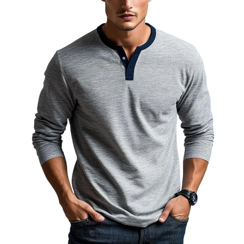 Men's Grey Colorblock Collar Simple Long-sleeved T-shirt 77305763U sold by Manly
