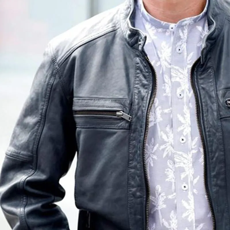 Men's Black Stand Collar Zip-up Leather Jacket 59184898U sold by Manly product image thumbnail 4