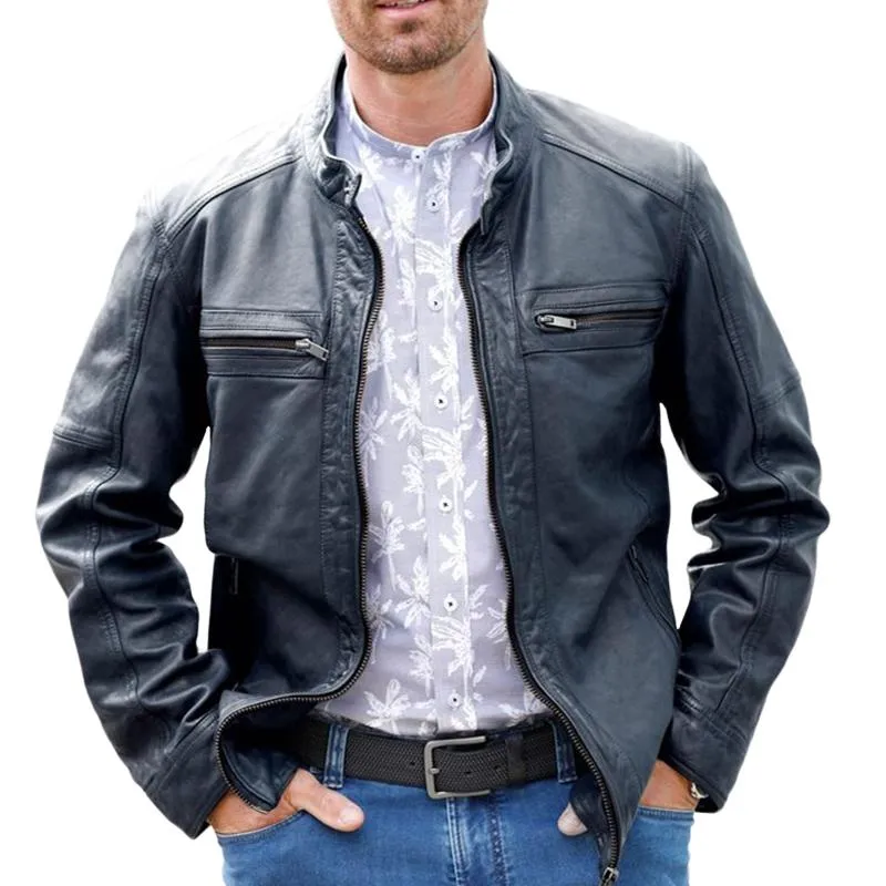 Men's Black Stand Collar Zip-up Leather Jacket 59184898U sold by Manly