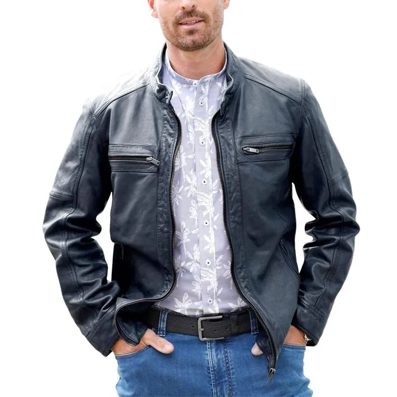 Men's Black Stand Collar Zip-up Leather Jacket 59184898U sold by Manly product image thumbnail 3