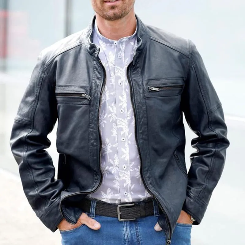 Men's Black Stand Collar Zip-up Leather Jacket 59184898U sold by Manly product image thumbnail 2