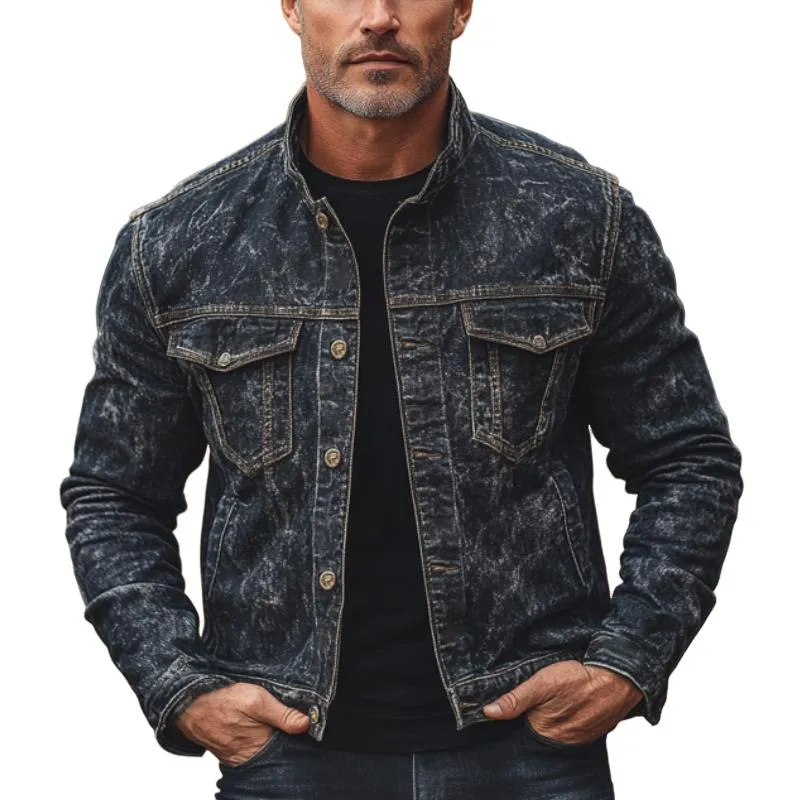 Men's Classic Vintage Stand Collar Denim Jacket 25649493F sold by Manly