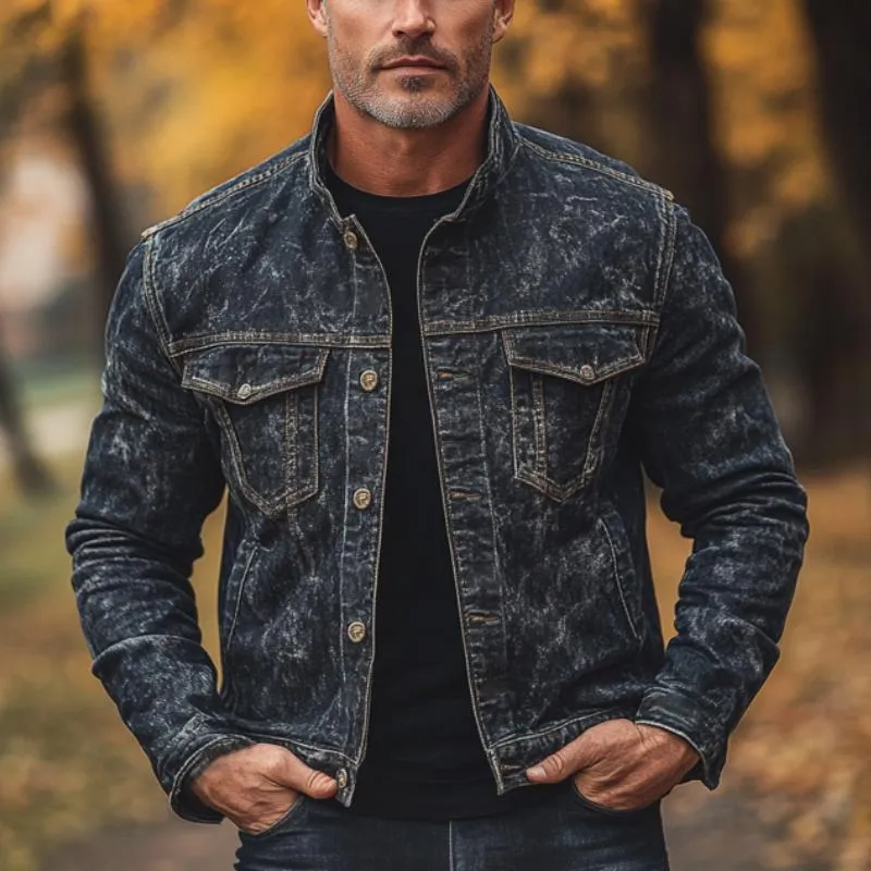 Men's Classic Vintage Stand Collar Denim Jacket 25649493F sold by Manly product image thumbnail 2