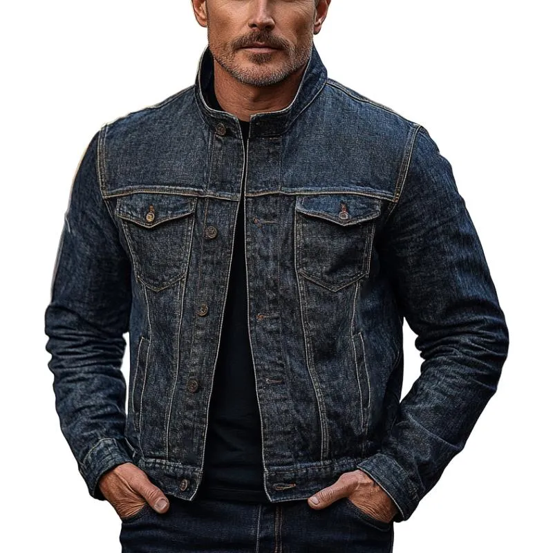 Men's Casual Retro Stand Collar Denim Jacket 55054269F sold by Manly