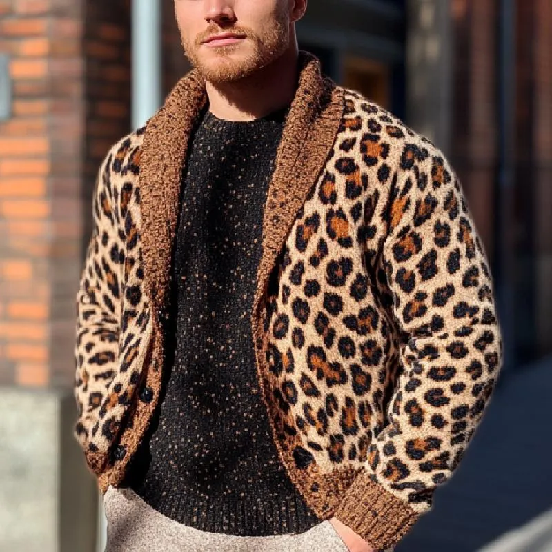Men's Classic Casual Leopard Print Shawl Collar Knit Cardigan 23642133K sold by Manly product image thumbnail 2