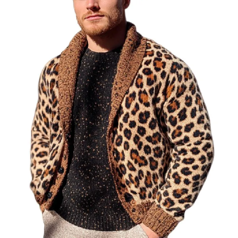 Men's Classic Casual Leopard Print Shawl Collar Knit Cardigan 23642133K sold by Manly