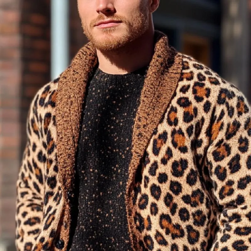 Men's Classic Casual Leopard Print Shawl Collar Knit Cardigan 23642133K sold by Manly product image thumbnail 3