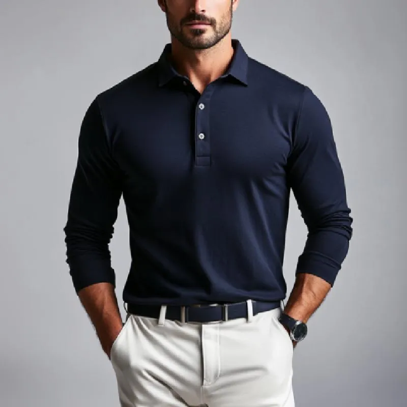 Men's Classic Retro Basic Solid ColorLong-sleeved Polo Shirt 55457721K sold by Manly