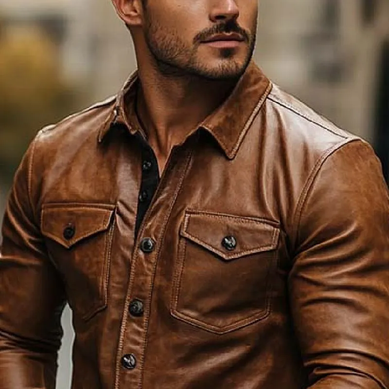 Men's Classic Vintage Casual Multi-Pocket Leather Long Sleeve Shirt 52167261K sold by Manly product image thumbnail 3