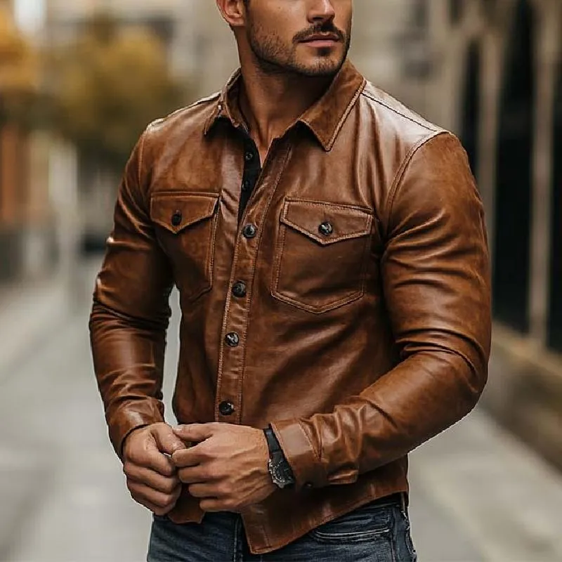 Men's Classic Vintage Casual Multi-Pocket Leather Long Sleeve Shirt 52167261K sold by Manly product image thumbnail 2