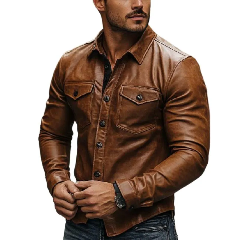 Men's Classic Vintage Casual Multi-Pocket Leather Long Sleeve Shirt 52167261K sold by Manly