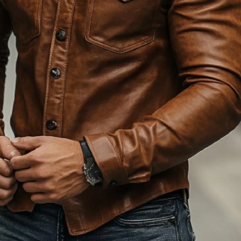 Men's Classic Vintage Casual Multi-Pocket Leather Long Sleeve Shirt 52167261K sold by Manly product image thumbnail 4