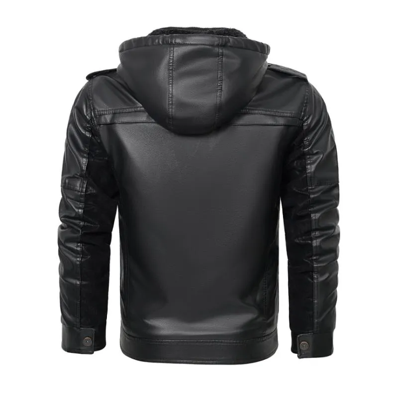 Men's Vintage Contrast Patchwork Stand Collar Hooded Zip Leather Fleece Jacket 44720410M sold by Manly product image thumbnail 5