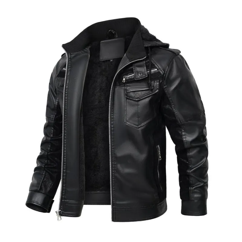 Men's Vintage Contrast Patchwork Stand Collar Hooded Zip Leather Fleece Jacket 44720410M sold by Manly product image thumbnail 4