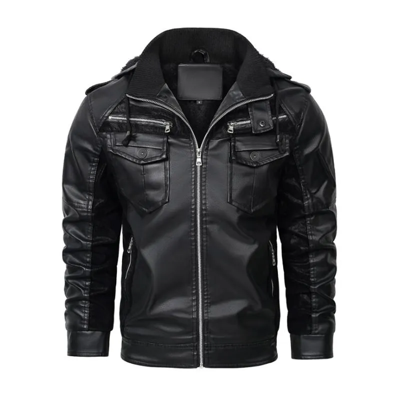 Men's Vintage Contrast Patchwork Stand Collar Hooded Zip Leather Fleece Jacket 44720410M sold by Manly product image thumbnail 3