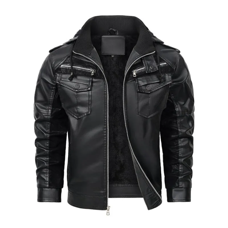 Men's Vintage Contrast Patchwork Stand Collar Hooded Zip Leather Fleece Jacket 44720410M sold by Manly