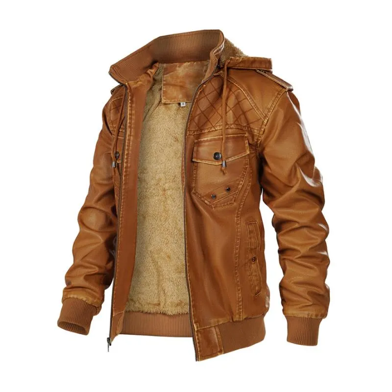 Men's Vintage Stand Collar Hooded Multi-Pocket Leather Jacket 79235916M sold by Manly product image thumbnail 3
