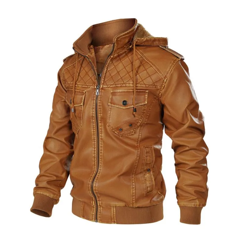 Men's Vintage Stand Collar Hooded Multi-Pocket Leather Jacket 79235916M sold by Manly product image thumbnail 2