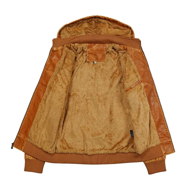 Men's Vintage Stand Collar Hooded Multi-Pocket Leather Jacket 79235916M sold by Manly product image thumbnail 5